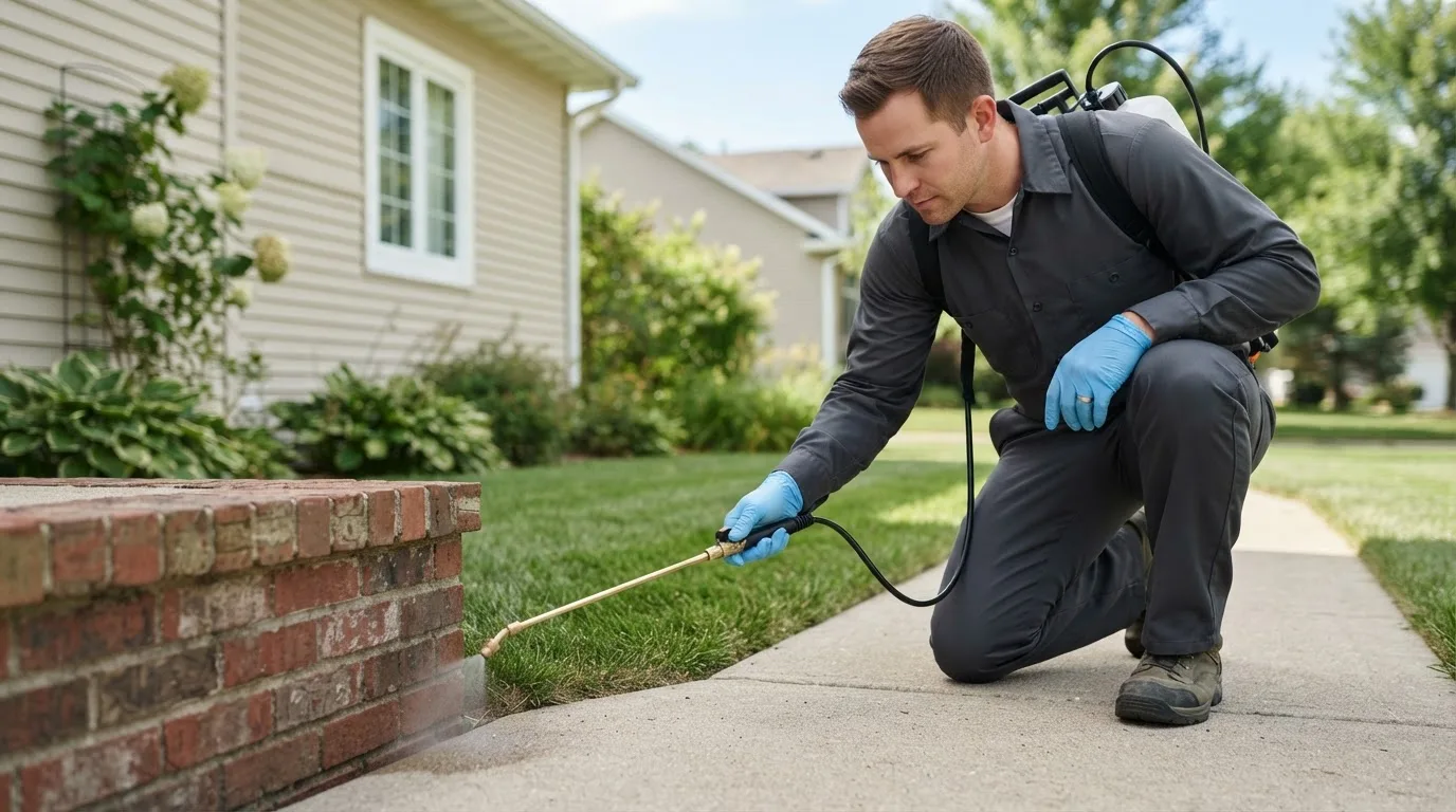 Pest control technician treating a home near Janesville, MN
