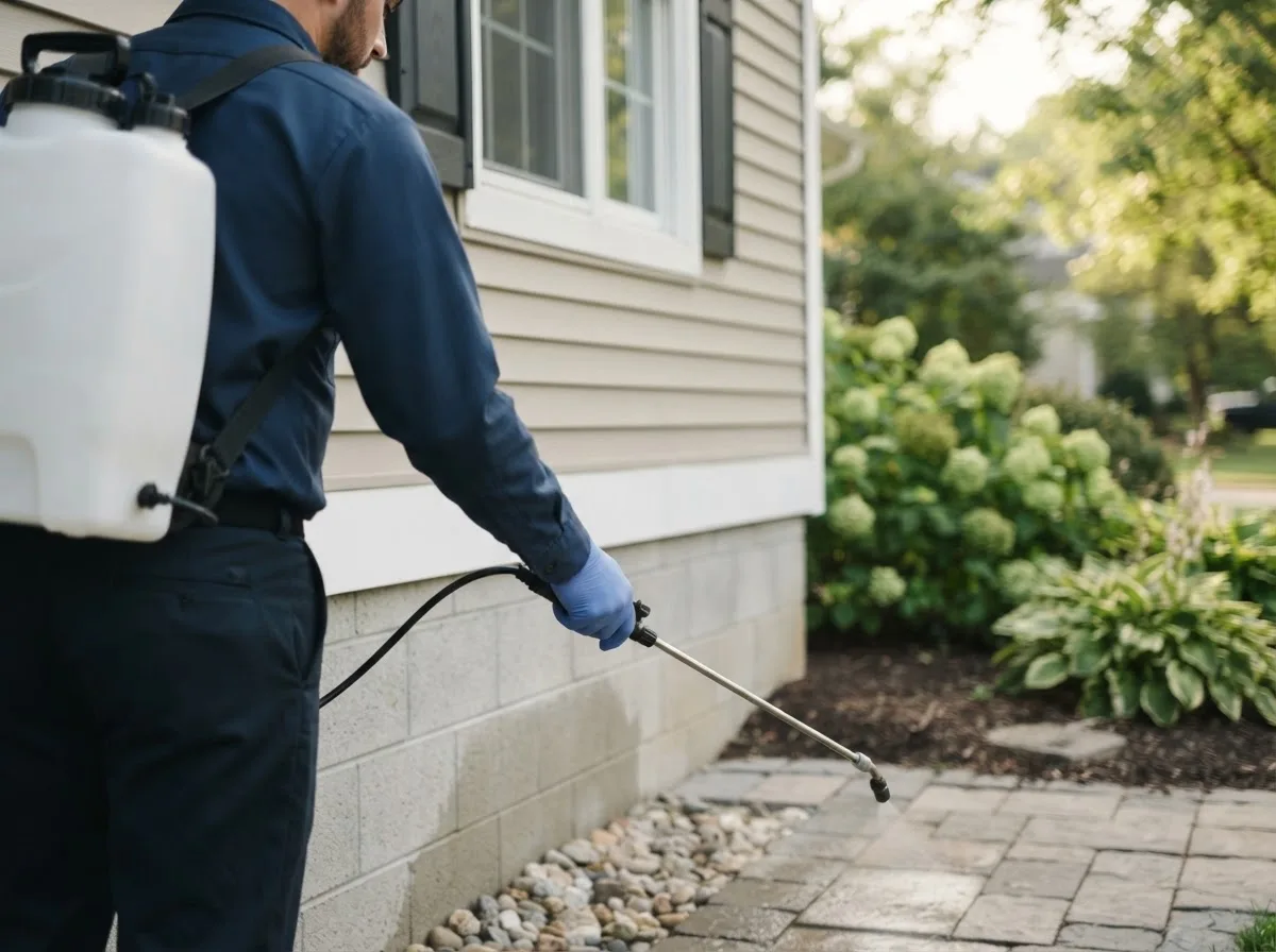 Pest control technician inspecting a home in Janesville, MN